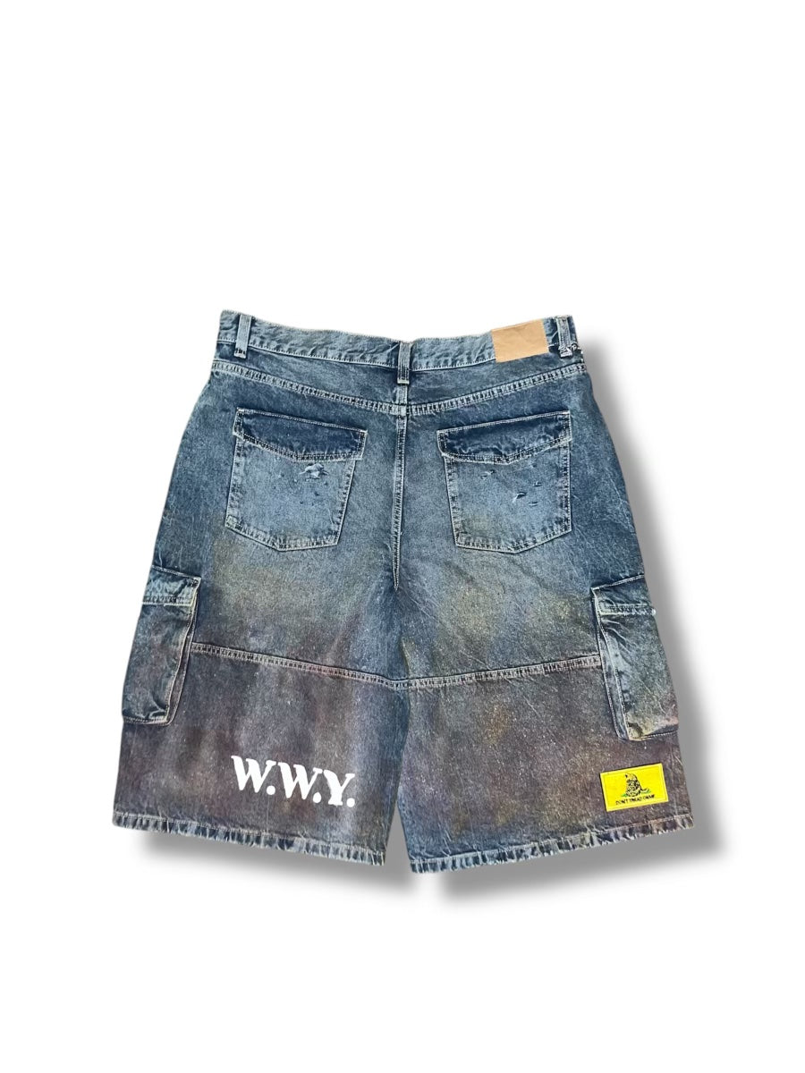 WWY Galaxy-Washed Cargo Denim Shorts