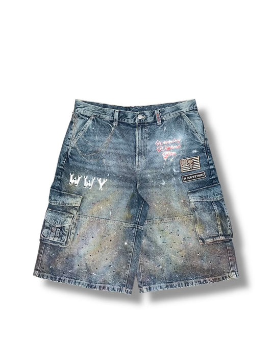 WWY Galaxy-Washed Cargo Denim Shorts